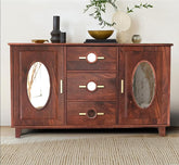 Corsica Modern Solid Mango Wood Sideboard with Mirror Accents Storage Cabinet & Chest Farmhouse Brown